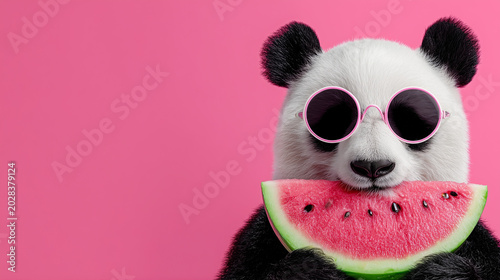 Cute funny panda bear wearing round sunglasses eating a slice of juicy watermelon on bright pink background, summer vacation concept with copy space for text