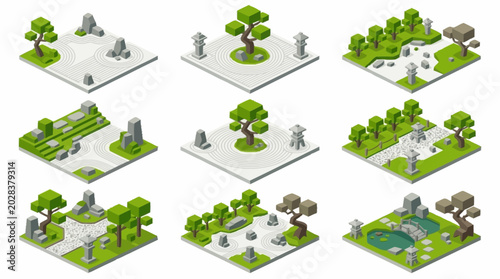 Collection of isometric park landscape designs.