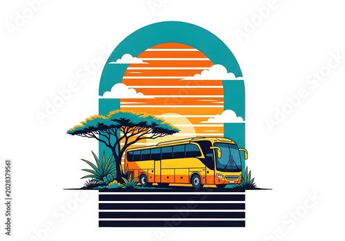 Yellow tourist bus parked in african savanna landscape
