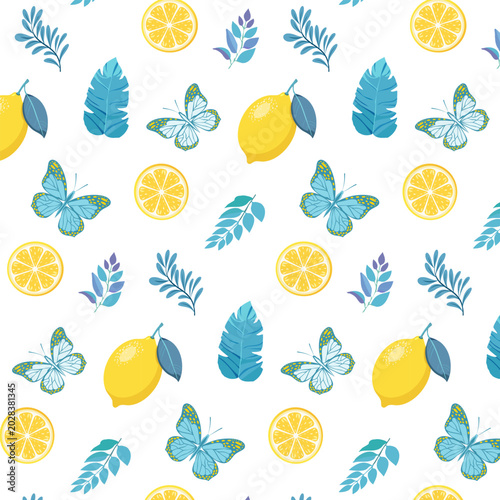 фотографія Yellow lemons and blue butterflies on a white background
