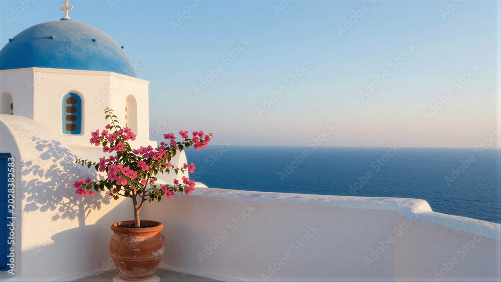 Fototapeta premium Blue-domed church pink flowers white walls overlooking the sea.