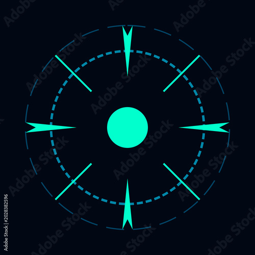 Futuristic neon cyan artificial intelligence eye iris graphic crosshair design on a dark black background digital illustration