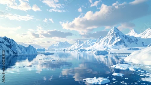 An Arctic landscape features a calm sea, snow-covered mountains, and scattered icebergs