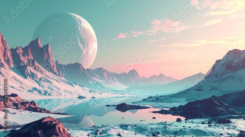 An ethereal landscape depicts snowy mountains, a still lake, and a large planet in the sky