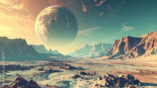 An alien vista depicts a barren landscape, mountains, and a large planet in a colorful sky