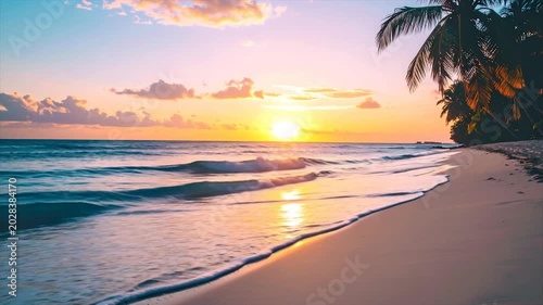 A beach scene at sunset shows waves, sand, palm trees, and an orange sky