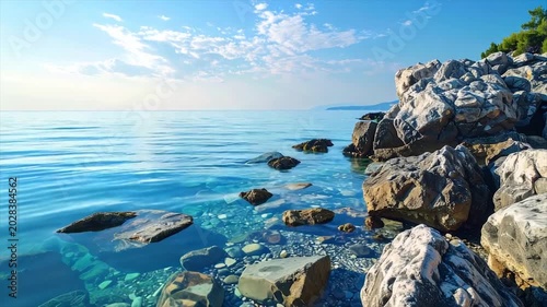 A coastal scene showcases clear blue water, stones, and a rocky shoreline under a bright sky