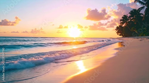 A vibrant sunset over a tranquil beach, with waves crashing and palm trees
