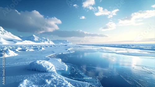 A serene icy landscape, mountains, sea, and clouds under a bright sky