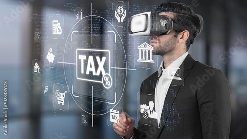 Schilderij op canvas Businessman in Virtual Reality Headset Exploring Tax Concepts and Financial Data