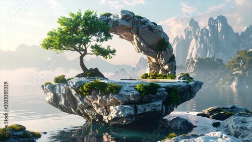A serene floating island with a stone arch, bonsai tree, and misty mountains reflected in water