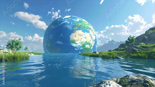 A surreal landscape with a large Earth globe rising from water, under a blue sky