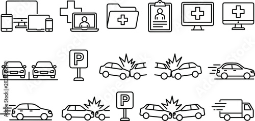 Car Accident Insurance Claims and Online Medical Emergency Support Line Icon Set for Professional Website Interfaces