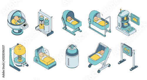 Foto Various baby care and nursery equipment illustrations.