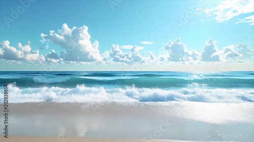 Serene beach scene depicts ocean waves, foamy water, fluffy clouds, and a bright sky