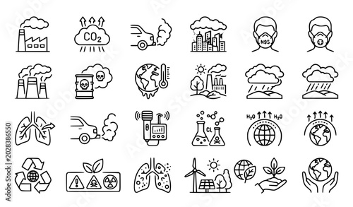 Photos Air Pollution Line Icon Set Featuring Smoke Carbon Dioxide Exhaust and Environme