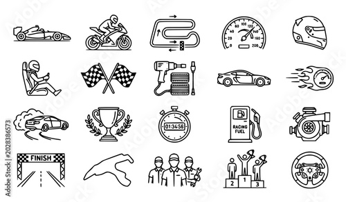 Billede på lærred Race and Motorsport Line Icon Set Featuring Racing Cars Motorcycles Speed and T