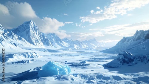 A vast, snow-covered mountainous landscape with an ice formation in the foreground under a cloudy sky