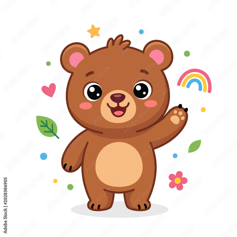 Obraz premium Adorable Cartoon Brown Bear Waving Hello with Rainbow, Stars, and Hearts Illustration