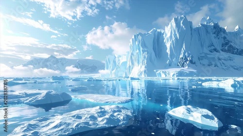 Majestic arctic landscape with massive icebergs, shimmering water, and distant mountains