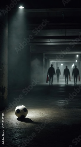 Soccer ball in spotlight with shadowy figures in dark urban setting representing competition