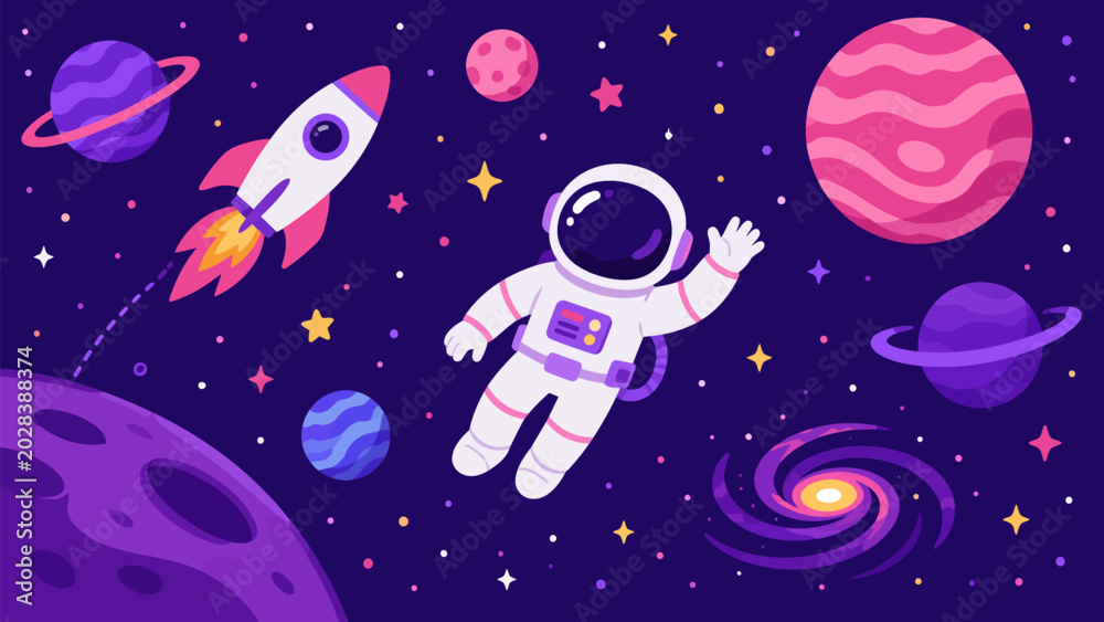 Naklejka premium Astronaut Floating in Cosmic Wonder: An astronaut glides through a vibrant galaxy, surrounded by colorful planets, swirling nebulae, and a rocket ship.