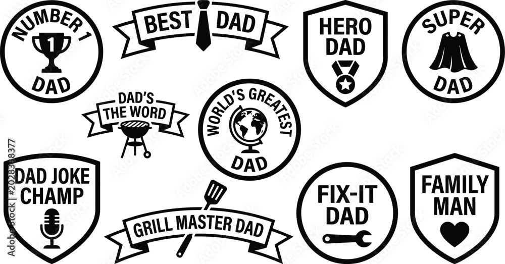 Fototapeta premium Minimalist fathers day badges and shields with various decorative dad titles.