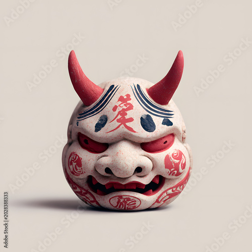 Japanese Demon Mask with Horns and Fierce Expression