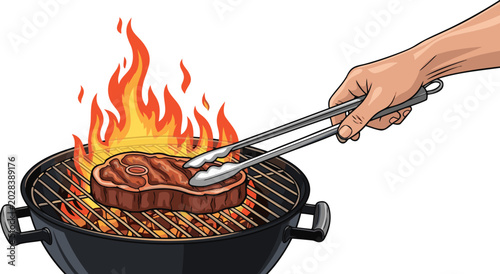 Quadro su tela A vector illustration of a hand grilling steak on a barbecue with flames