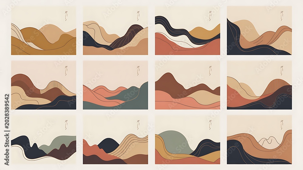 Obraz premium A collection of 12 minimalist abstract landscape illustrations in various earthy tones