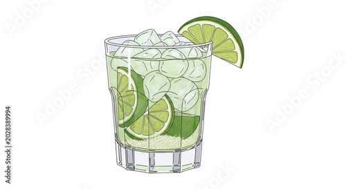 Refreshing Lime Glass Drink with Ice and Lime Wedge.