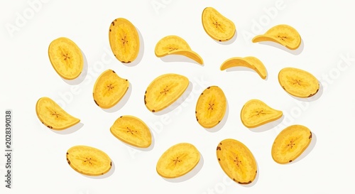 Vibrant Yellow Mango Slices scattered on white background.