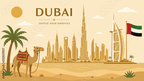 Dubai Skyline and Camel: A picturesque scene capturing the iconic Dubai skyline, featuring futuristic skyscrapers and a traditional camel in the foreground, set against a warm.