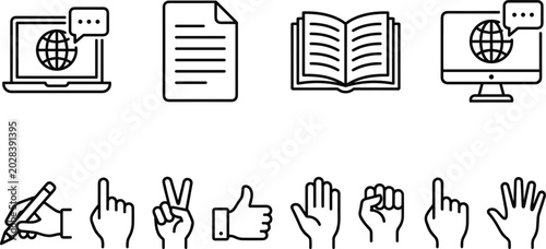 Global E Learning Icon Set Featuring Online School Symbols and Hand Gestures for Digital Education Platforms