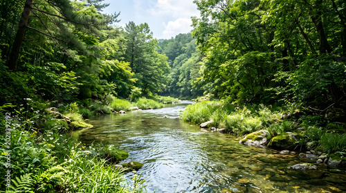 Winding River Flowing Through Lush Green Korean Forest