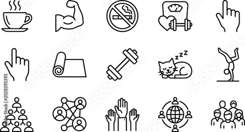 Healthy Lifestyle Wellness Habits and Corporate Teamwork Line Icon Set for Workplace Balance Application Interfaces