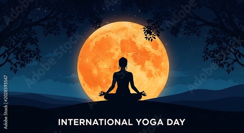 Silhouette of person meditating under a giant orange moon for International Yoga Day