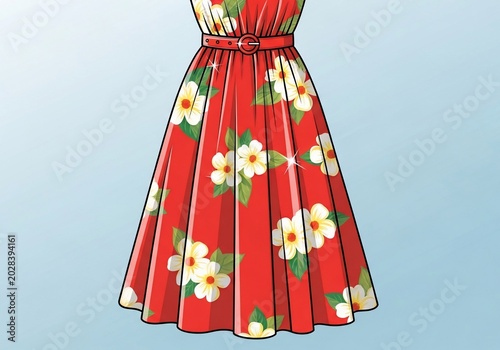 Vibrant Hand-Drawn Summer Dress: Blooming Floral Elegance on a Soft Sky Blue Canvas