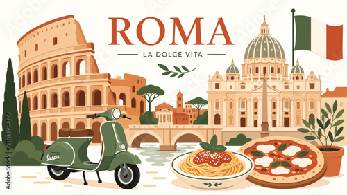 Photography Roma, the Eternal City: An illustrated panorama of Rome's iconic landmarks, including the Colosseum, St