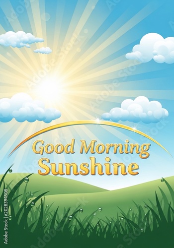 Radiant Sunrise Digital Art: Golden Rays Kiss Rolling Green Hills Under a Blue Sky, Fresh Morning Hope.