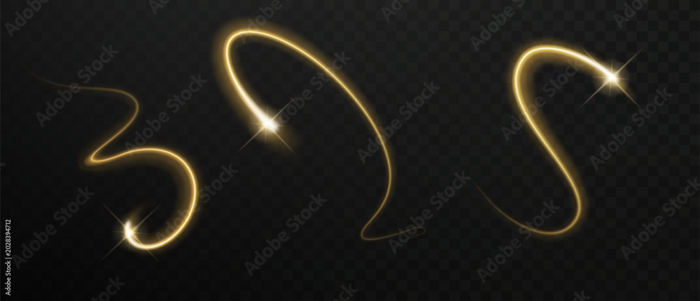 Fototapeta premium Luxury golden trail with shimmering and glowing swirl line. Festive glitter light effect on dark background for Christmas graphics