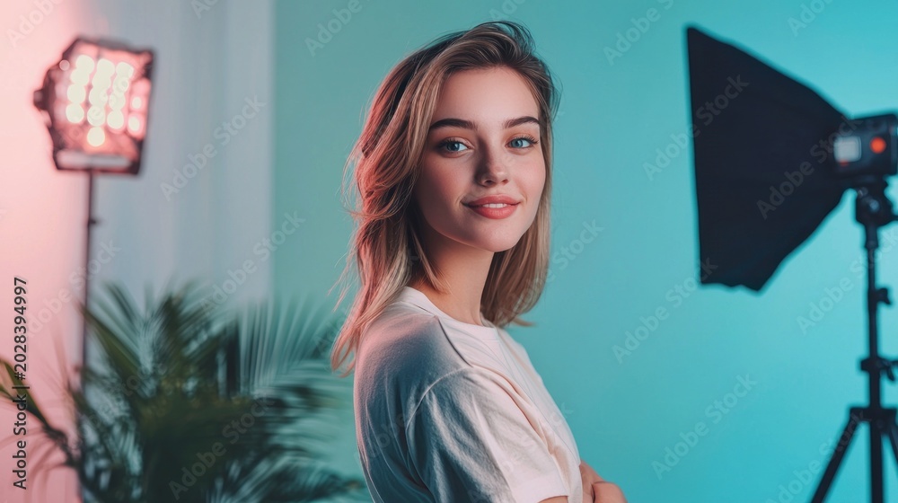 Fototapeta premium A charismatic young influencer creating engaging content in a trendy studio with professional lighting and an aesthetic background