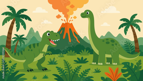 Foto Dinosaur Land Adventure: A lively cartoon depicts two friendly dinosaurs, a Tyrannosaurus Rex and a Brontosaurus, amidst a prehistoric landscape with lush vegetation and an erupting volcano