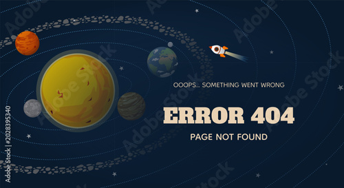 Fotografie Error 404 Not Found landing page template with solar system on the background