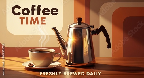 Warm Retro Coffee Moment: Steaming Cup & Gleaming Pot, Golden Light, Cozy Vibes