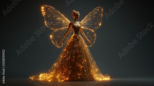 Ethereal woman with luminous golden wings stands in a flowing dress adorned with sparkling lights.