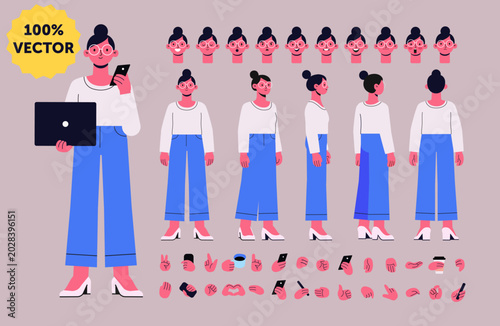 Laptop and Smartphone Character Constructor Kit.
Modern female vector character constructor kit with laptop and smartphone poses, animation ready scenes and fully editable body parts.
