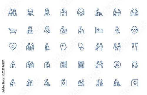 Fotografi Senior citizens nursing home icon set, medical care line symbols with editable stroke, vector illustration for elderly healthcare, hospital support, aged care, geriatric services, wellbeing and more