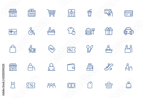 Foto Editable shopping mall icon pack: supermarket, department store, shopping cart, food court, escalator, payment, credit card, gift card, wheelchair, cashier, clothing, vector illustration and more