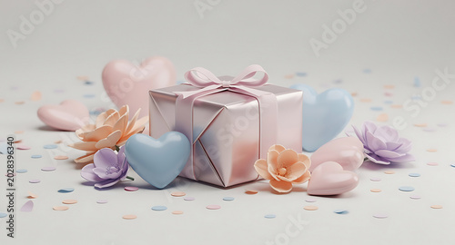 Gift box with hearts and flowers, Valentine's Day decoration